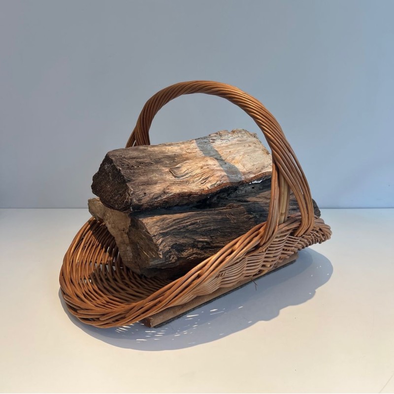 Rattan Wicker Log Basket of D-Shaped Form with Arched Carrying Handle. France. Circa 1970.