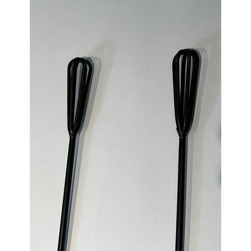 Design Fireplace Companion Set in Black Lacquered Metal and Polished Brass. France. Circa 1970.