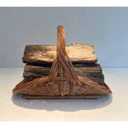 Rattan Wicker Log Basket of D-Shaped Form with Arched Carrying Handle. France. Circa 1970.
