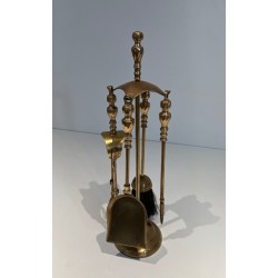 Neoclassical Style Brass Fireplace Companion Set with Arched Ball-Studded Frame. France. Circa 1970.