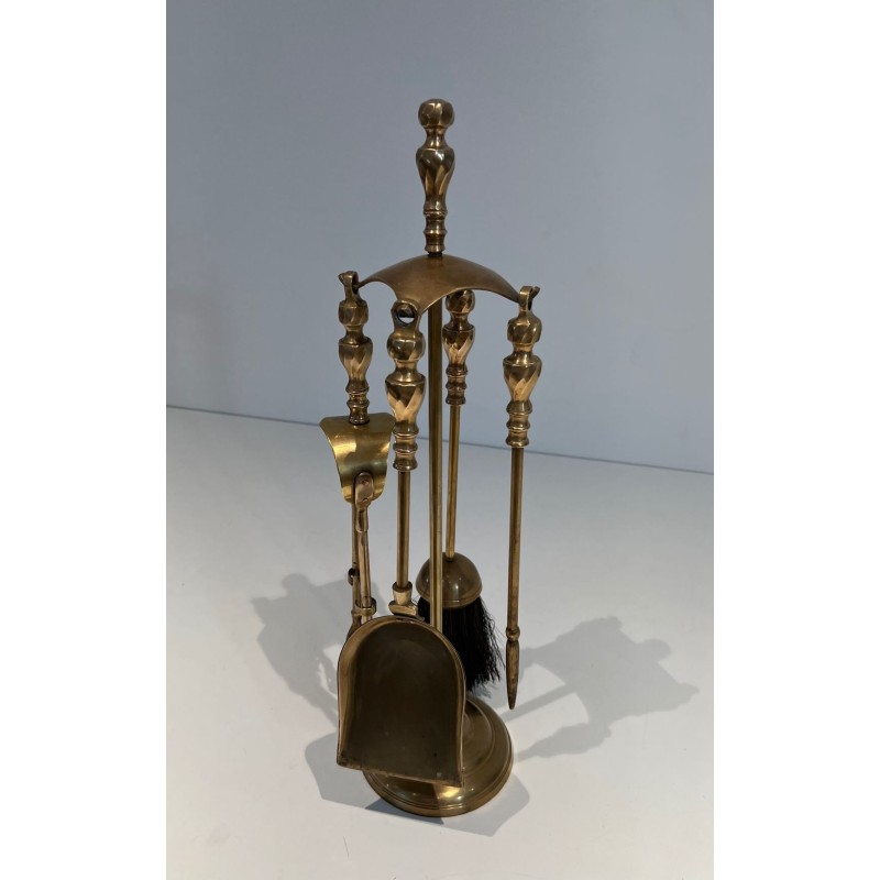 Neoclassical Style Brass Fireplace Companion Set with Arched Ball-Studded Frame. France. Circa 1970.