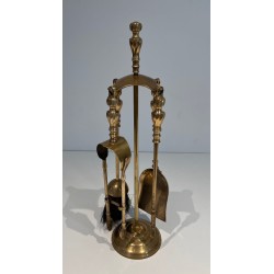 Neoclassical Style Brass Fireplace Companion Set with Arched Ball-Studded Frame. France. Circa 1970.