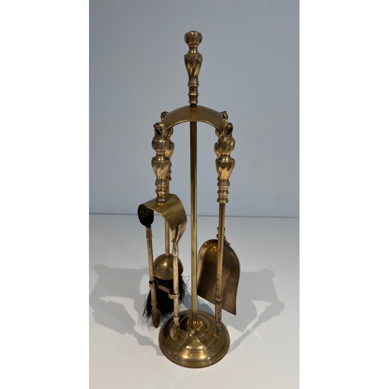 Neoclassical Style Brass Fireplace Companion Set with Arched Ball-Studded Frame. France. Circa 1970.