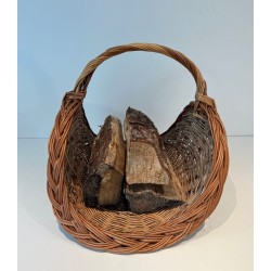Rattan Wicker Log Basket of Boat Form with Arched Carrying Handle. France. Circa 1970.