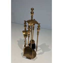 Neoclassical Style Brass Fireplace Companion Set with Arched Ball-Studded Frame. France. Circa 1970.
