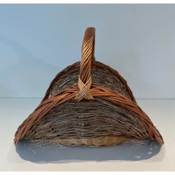 Rattan Wicker Log Basket of Boat Form with Arched Carrying Handle. France. Circa 1970.