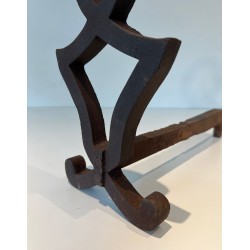 Pair of Modernist Cast Iron Andirons with Stylised Figural Uprights, by Raymond Subes. France. Circa 1940.