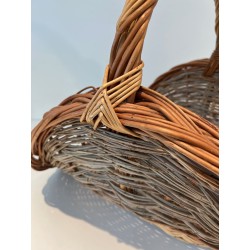 Rattan Wicker Log Basket of Boat Form with Arched Carrying Handle. France. Circa 1970.