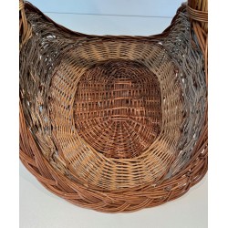 Rattan Wicker Log Basket of Boat Form with Arched Carrying Handle. France. Circa 1970.