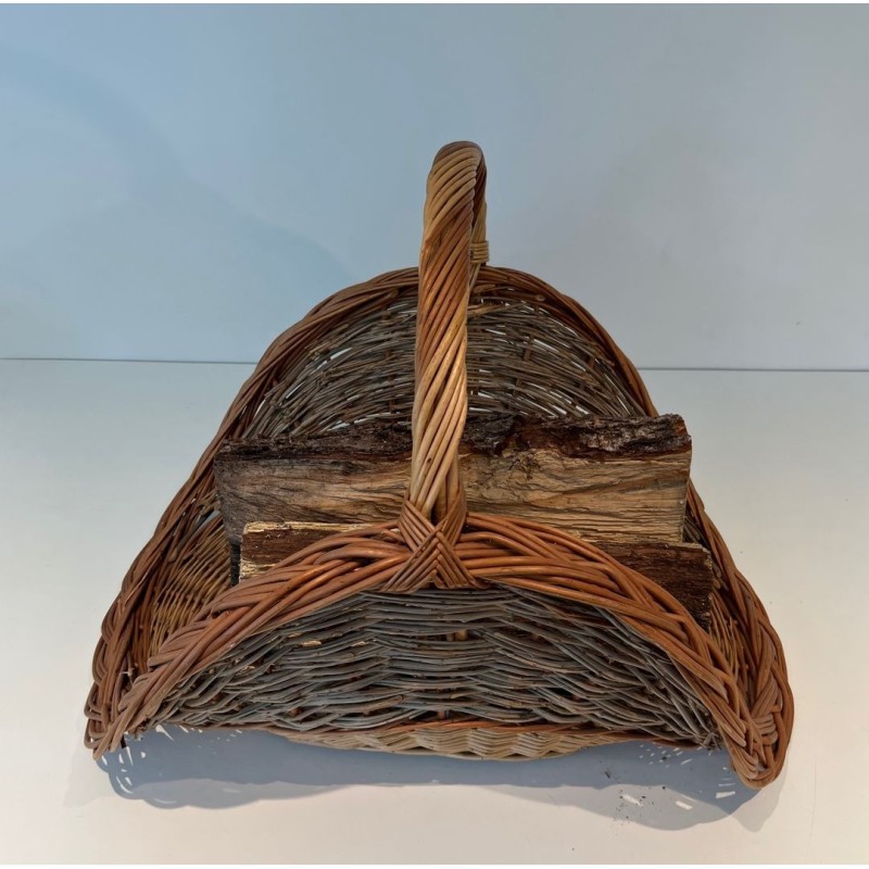 Rattan Wicker Log Basket of Boat Form with Arched Carrying Handle. France. Circa 1970.