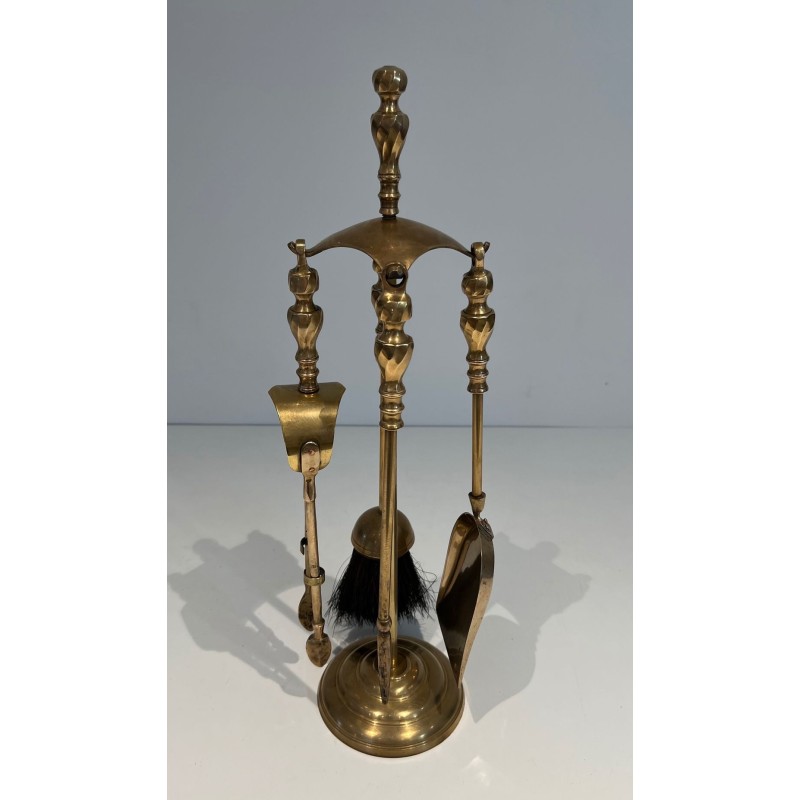 Neoclassical Style Brass Fireplace Companion Set with Arched Ball-Studded Frame. France. Circa 1970.
