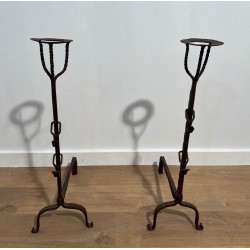 Pair of Monumental Wrought Iron Landiers with Pot-Ring Crowns and Ratchet Uprights. France. 18th Century.