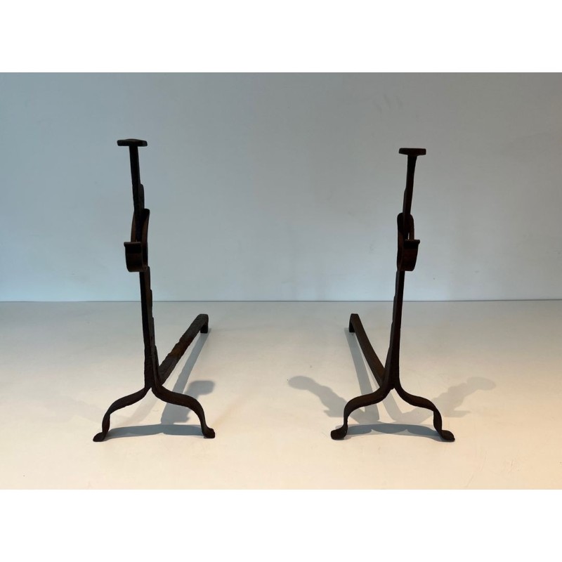 Pair of Wrought Iron Andirons with Ratchet Uprights and Tripod Bases. France. Circa 1900.