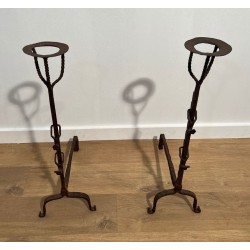 Pair of Monumental Wrought Iron Landiers with Pot-Ring Crowns and Ratchet Uprights. France. 18th Century.