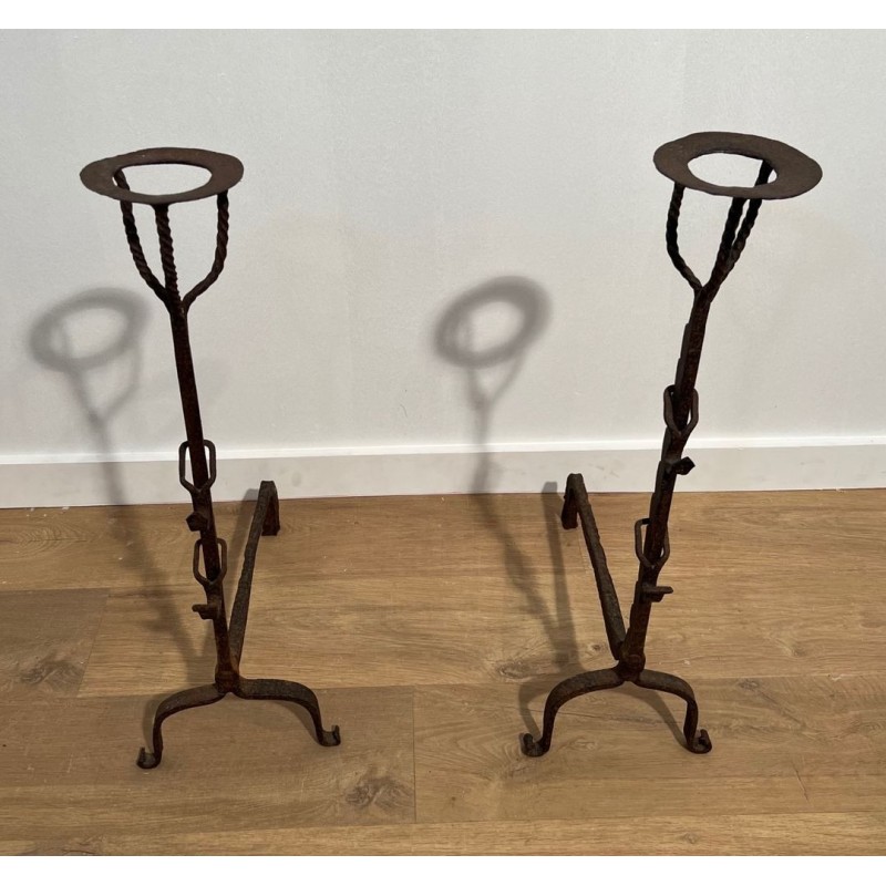 Pair of Monumental Wrought Iron Landiers with Pot-Ring Crowns and Ratchet Uprights. France. 18th Century.