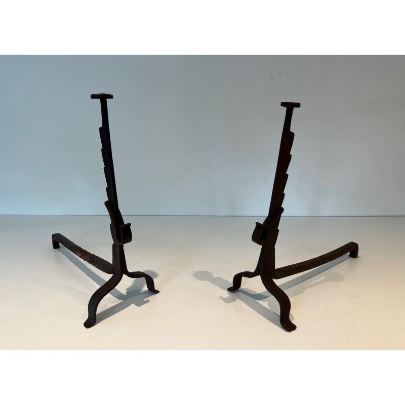 Pair of Wrought Iron Andirons with Ratchet Uprights and Tripod Bases. France. Circa 1900.