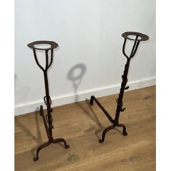 Pair of Monumental Wrought Iron Landiers with Pot-Ring Crowns and Ratchet Uprights. France. 18th Century.