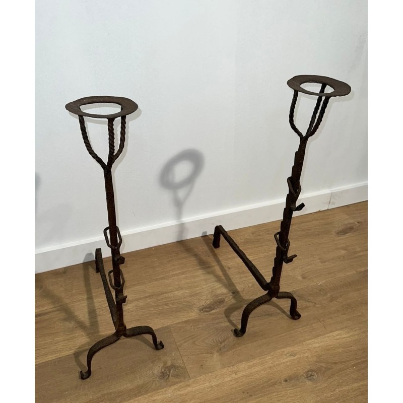 Pair of Monumental Wrought Iron Landiers with Pot-Ring Crowns and Ratchet Uprights. France. 18th Century.
