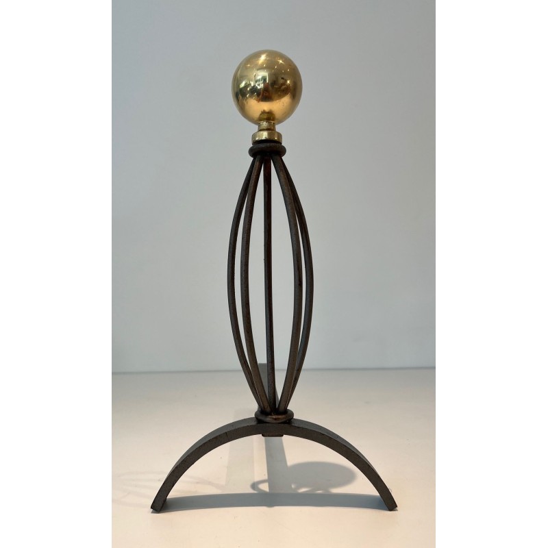 Pair of Modernist Wrought Iron and Brass Andirons with Ball Finials and Oval Cage Uprights. France. Circa 1970.