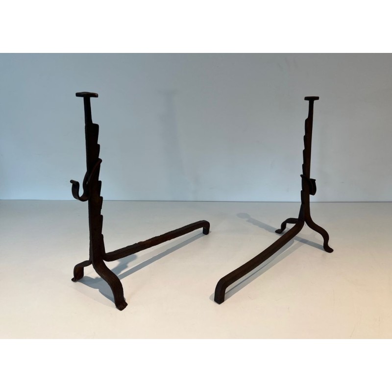 Pair of Wrought Iron Andirons with Ratchet Uprights and Tripod Bases. France. Circa 1900.