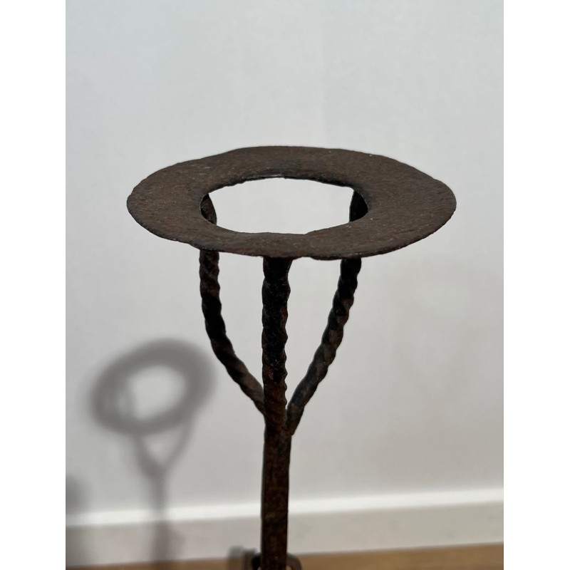 Pair of Monumental Wrought Iron Landiers with Pot-Ring Crowns and Ratchet Uprights. France. 18th Century.