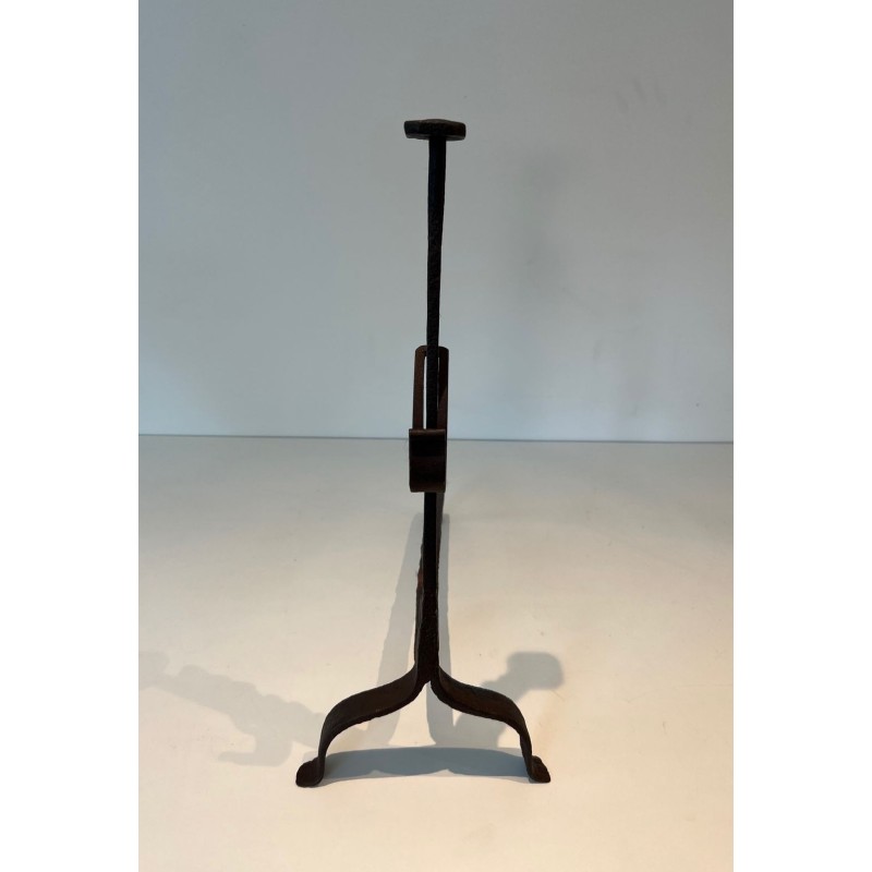 Pair of Wrought Iron Andirons with Ratchet Uprights and Tripod Bases. France. Circa 1900.