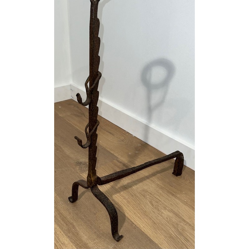 Pair of Monumental Wrought Iron Landiers with Pot-Ring Crowns and Ratchet Uprights. France. 18th Century.