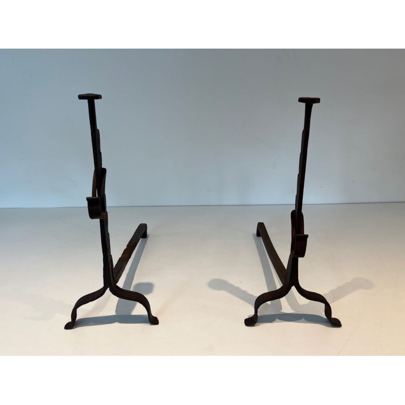 Pair of Wrought Iron Andirons with Ratchet Uprights and Tripod Bases. France. Circa 1900.