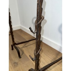 Pair of Monumental Wrought Iron Landiers with Pot-Ring Crowns and Ratchet Uprights. France. 18th Century.