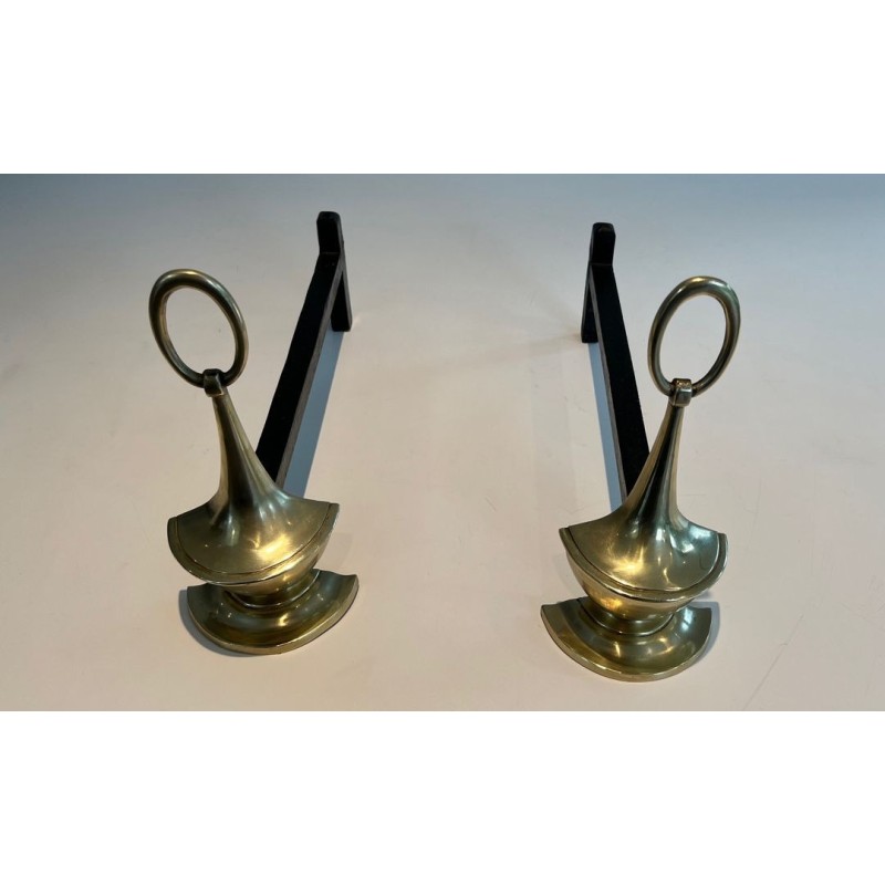 Pair of Neoclassical Bronze Andirons in the Form of Antique Oil Lamps with Oval Ring Finials. England. Circa 1960.