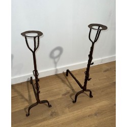 Pair of Monumental Wrought Iron Landiers with Pot-Ring Crowns and Ratchet Uprights. France. 18th Century.