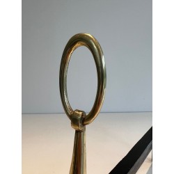 Pair of Neoclassical Bronze Andirons in the Form of Antique Oil Lamps with Oval Ring Finials. England. Circa 1960.