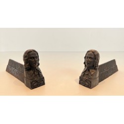 Pair of Cast Iron Andirons with Portrait Busts of Beethoven. France. Circa 1900.