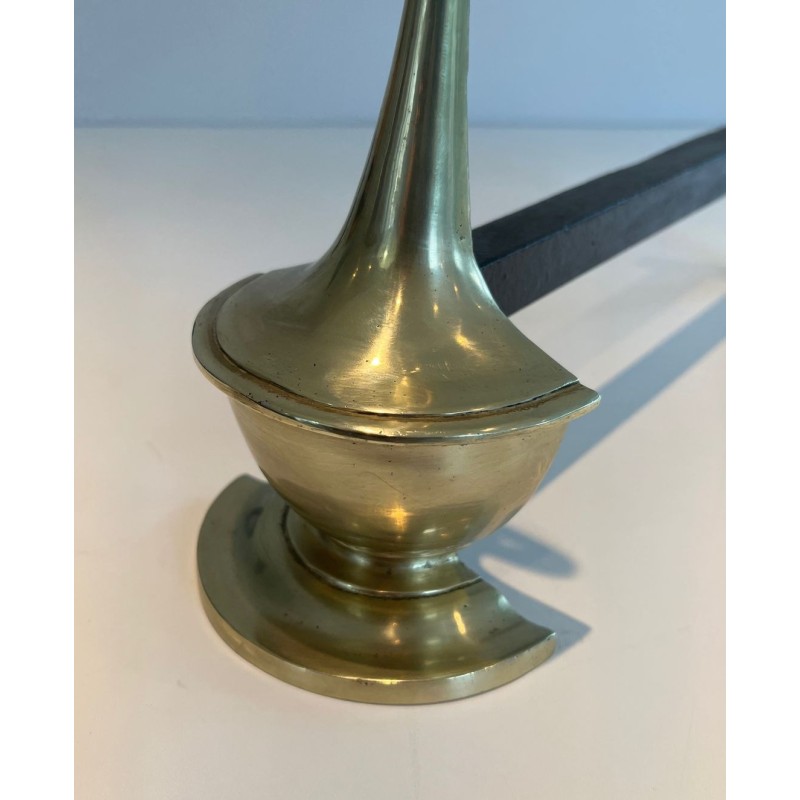 Pair of Neoclassical Bronze Andirons in the Form of Antique Oil Lamps with Oval Ring Finials. England. Circa 1960.