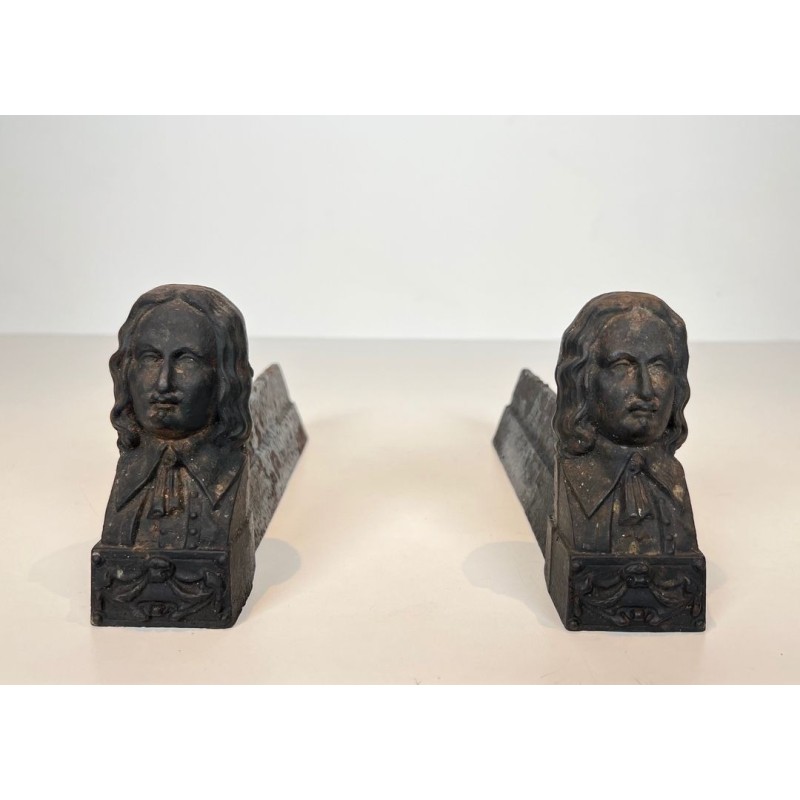 Pair of Cast Iron Andirons with Portrait Busts of Beethoven. France. Circa 1900.