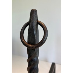 Pair of Neoclassical Wrought Iron Andirons with Twisted Column Uprights, Ring Finials and Scrolled Feet. France. Circa 1920.