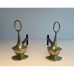 Pair of Neoclassical Bronze Andirons in the Form of Antique Oil Lamps with Oval Ring Finials. England. Circa 1960.