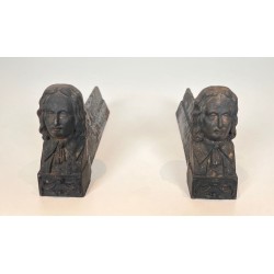 Pair of Cast Iron Andirons with Portrait Busts of Beethoven. France. Circa 1900.