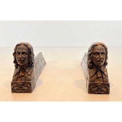 Pair of Cast Iron Andirons with Portrait Busts of Beethoven. France. Circa 1900.
