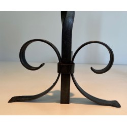Pair of Neoclassical Wrought Iron Andirons with Twisted Column Uprights, Ring Finials and Scrolled Feet. France. Circa 1920.
