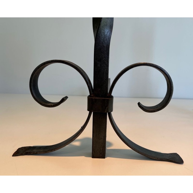Pair of Neoclassical Wrought Iron Andirons with Twisted Column Uprights, Ring Finials and Scrolled Feet. France. Circa 1920.