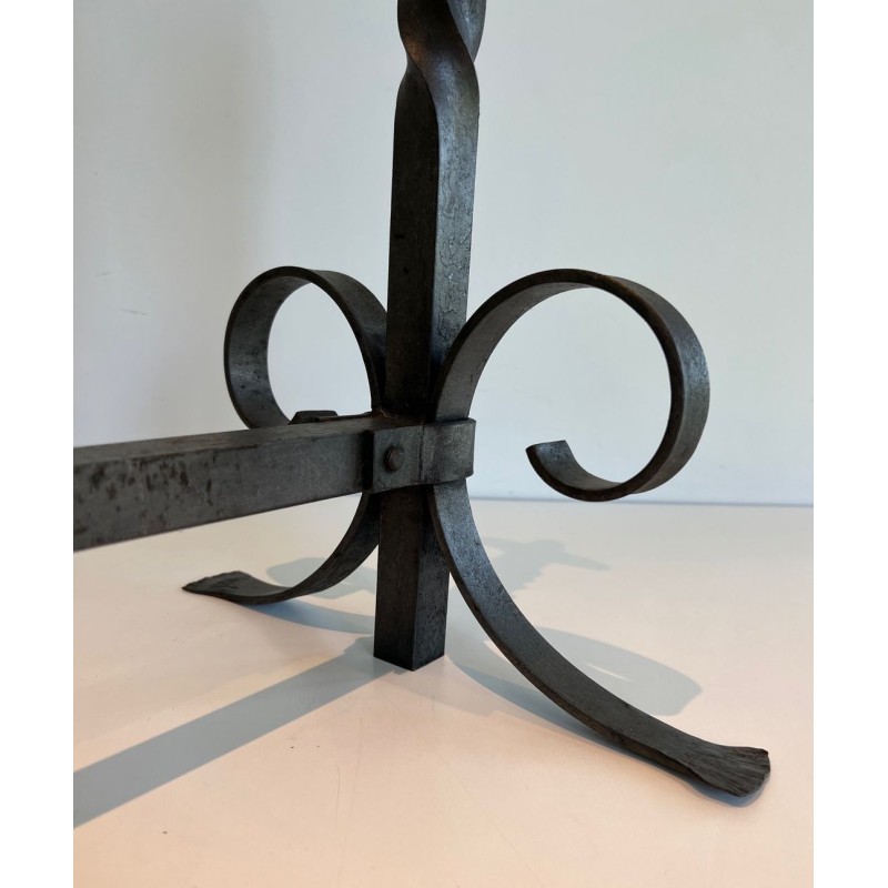 Pair of Neoclassical Wrought Iron Andirons with Twisted Column Uprights, Ring Finials and Scrolled Feet. France. Circa 1920.