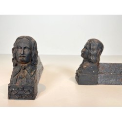 Pair of Cast Iron Andirons with Portrait Busts of Beethoven. France. Circa 1900.