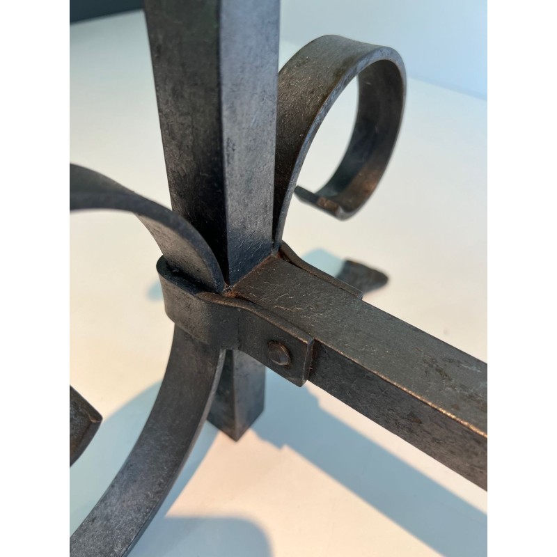 Pair of Neoclassical Wrought Iron Andirons with Twisted Column Uprights, Ring Finials and Scrolled Feet. France. Circa 1920.