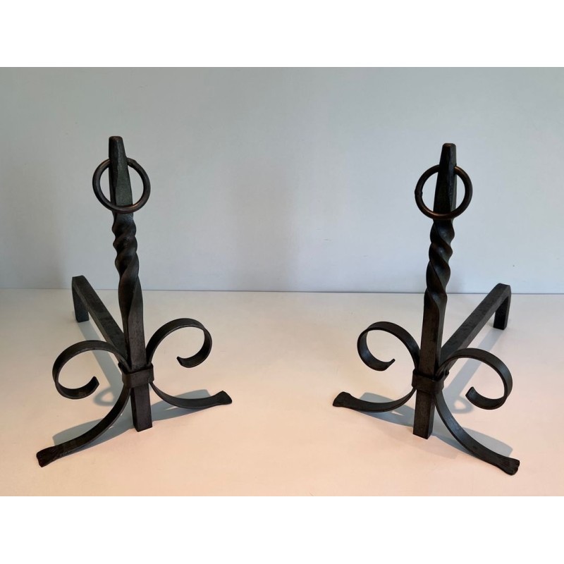 Pair of Neoclassical Wrought Iron Andirons with Twisted Column Uprights, Ring Finials and Scrolled Feet. France. Circa 1920.