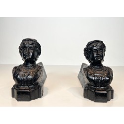 Pair of Cast Iron Andirons with Portrait Busts of an "Italienne". France. Circa 1950.
