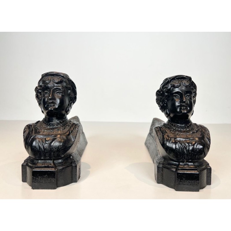 Pair of Cast Iron Andirons with Portrait Busts of an "Italienne". France. Circa 1950.