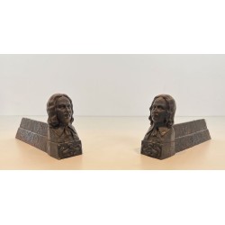 Pair of Cast Iron Andirons with Portrait Busts of Beethoven. France. Circa 1900.