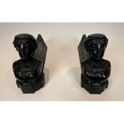 Pair of Cast Iron Andirons with Portrait Busts of an "Italienne". France. Circa 1950.