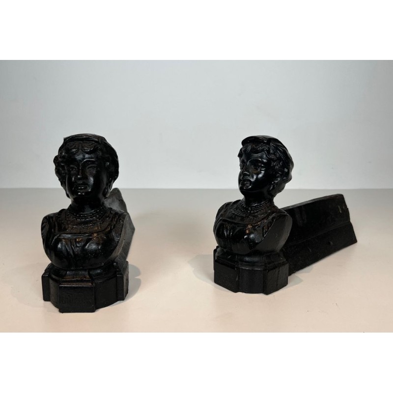 Pair of Cast Iron Andirons with Portrait Busts of an "Italienne". France. Circa 1950.